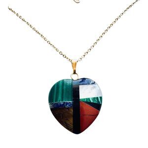 Indio Jewelry Inlaid Stone Heart Pendant Hypoallergenic Necklace #7010